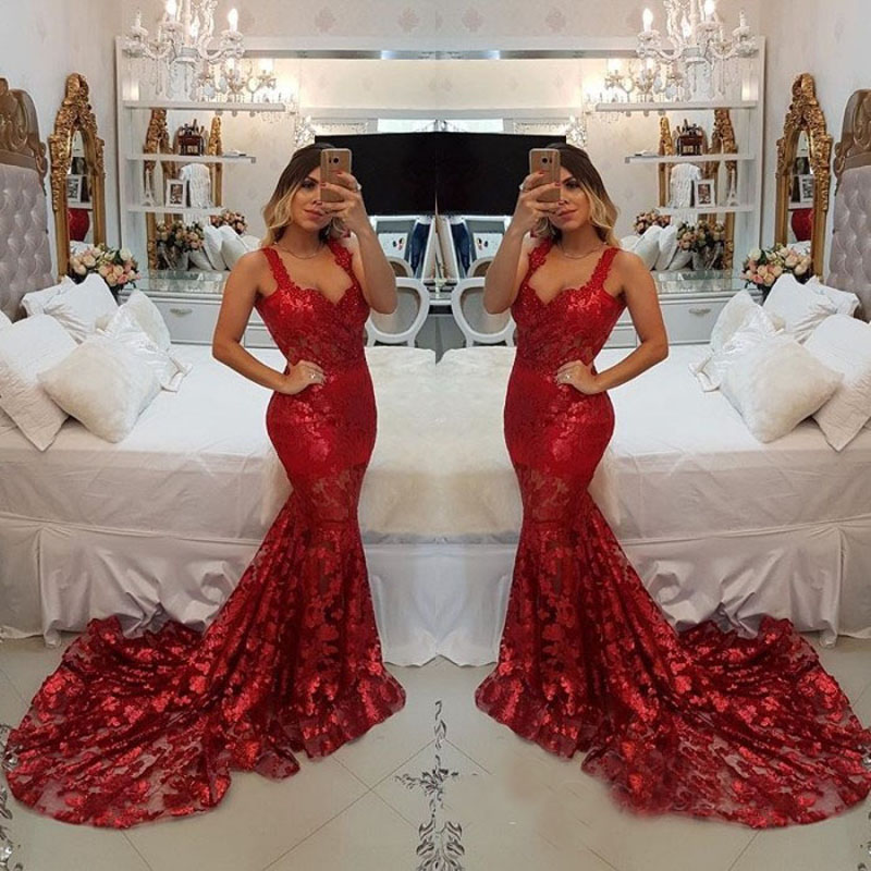 Evening Sexy Dark Red Dress Spaghetti Sequined Mermaid Sleeveless Prom Back Zipper Sweep Train Custom Made Formal Party Gowns Elegant 6660306