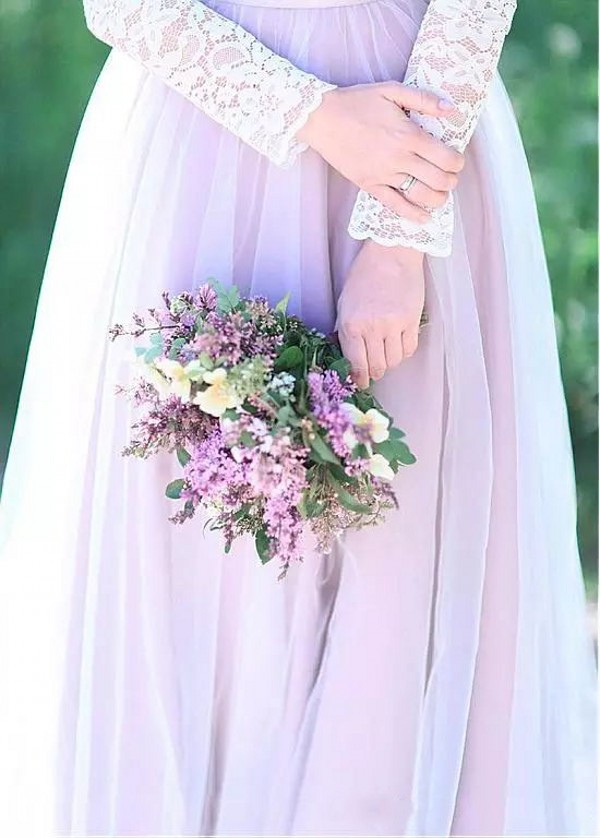 Fall 2018 Country Bridesmaid Dresses Long Lace Bodice Long Sleeve A Line Tulle Skirt White and Lilac Weddings Bridesmaid Dresses