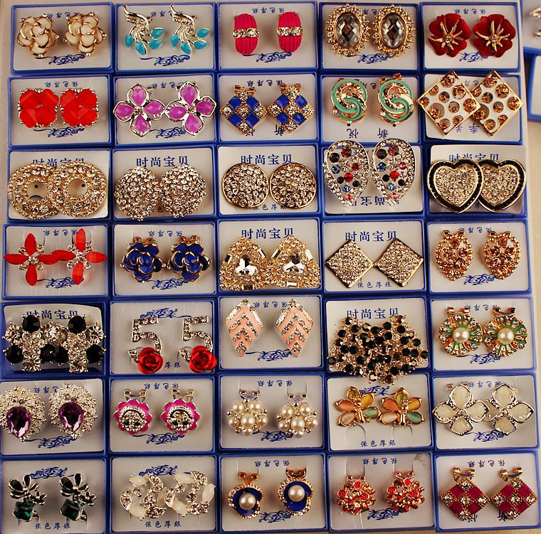 Random mix style 30Pairs/lot With Box Gold Gem Fashion Earrings wholesale earrings New fashion jewelry top quality HJ002