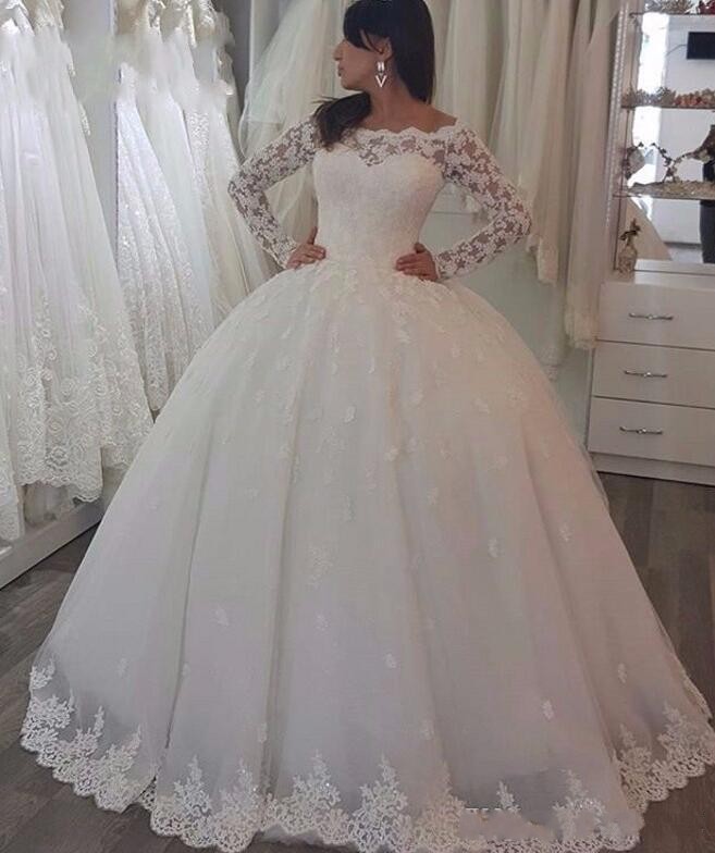 Lace New Fashion Ball Gown Dresses Applique V Neck Long Illusion Sleeves Sweep Train Wedding Dress Bridal Gowns s