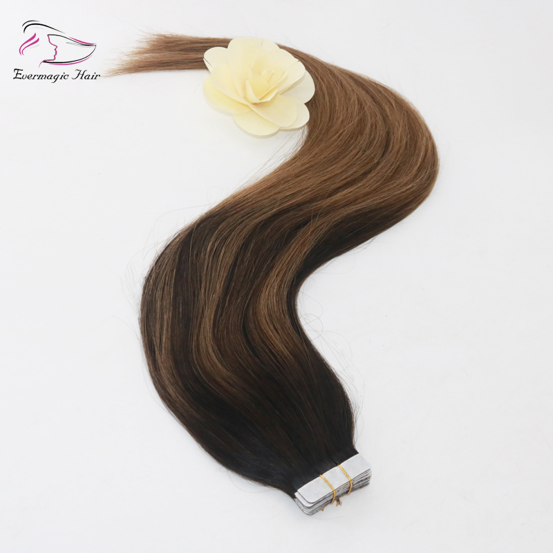 Top Grade High Quality Virgin Remy Hair Balayage Color 2/8# Straight Human Hair PU Tape Hair Extension