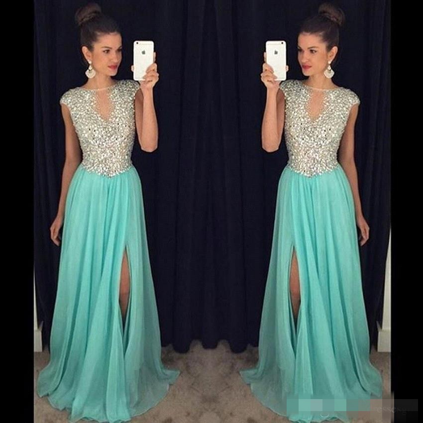 Stunning Crystal Long Split Side Prom Dresses Cap Sleeves Rhinestones Backless See Through Royal Blue Evening Gowns Mm23 0510