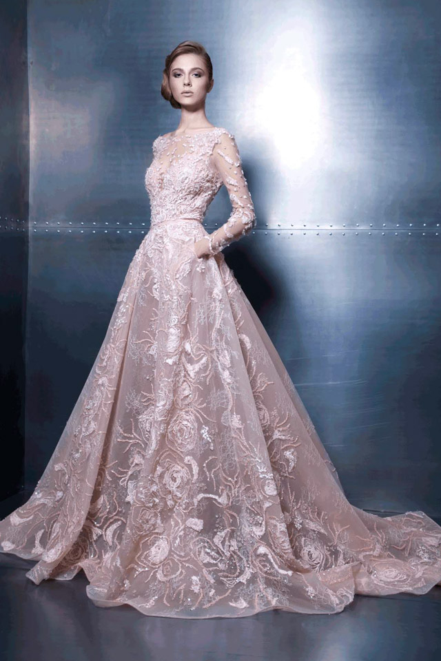 Ziad Nakad Blush Pink A Line Prom Dresses Sheer Neck Exquisite Lace Applique Formal Party Gowns Evening Dress Floor Length Custom Made