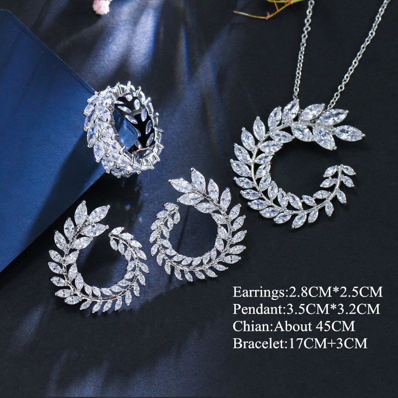 Bride Wedding White Gold Plated CZ Flower Earrings Necklace Ring Bracelet 4in 1 Jewelry Set for Girls Women LY-085 Z260313