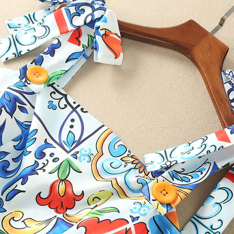 Cute! blue porcelain tile patterns print dress bow tie spaghetti strap fit and flare mini summer dresses new 2018 spring brand