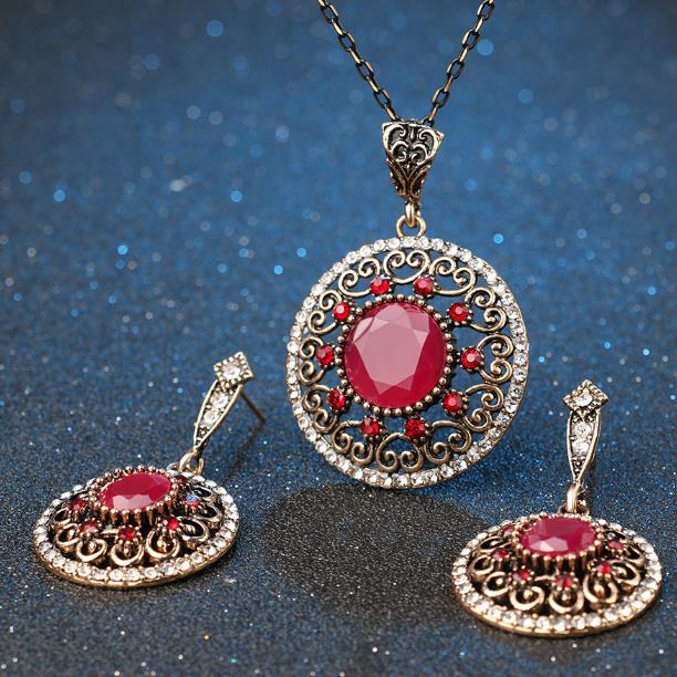 Bridal set new alloy set jewelry hollow out set resin diamond necklace earrings for two pieces, Red
Bridal set new alloy set jewelry hollow out set resin diamond necklace earrings for two pieces, Red
