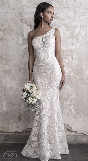 Madison James Fall Mermaid Wedding Dress Elegant One Shoulder Lace Applique Sweep Train Bridal Gowns Upscale Custom Made