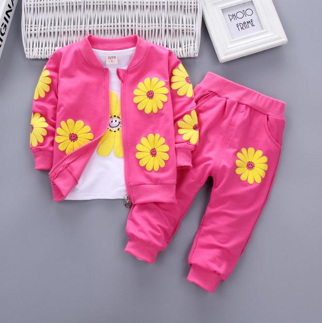 Kids Girls Clothing Suit Flower Autumn Coat T shirt Pants 3 Pcs Sport Suits Children Clothes Tracksuit