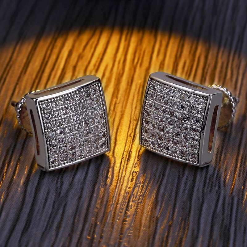 Mens Hip Hop Stud Earrings Jewelry Fashion Gold Silver Simulated Diamond Square Earring For Men