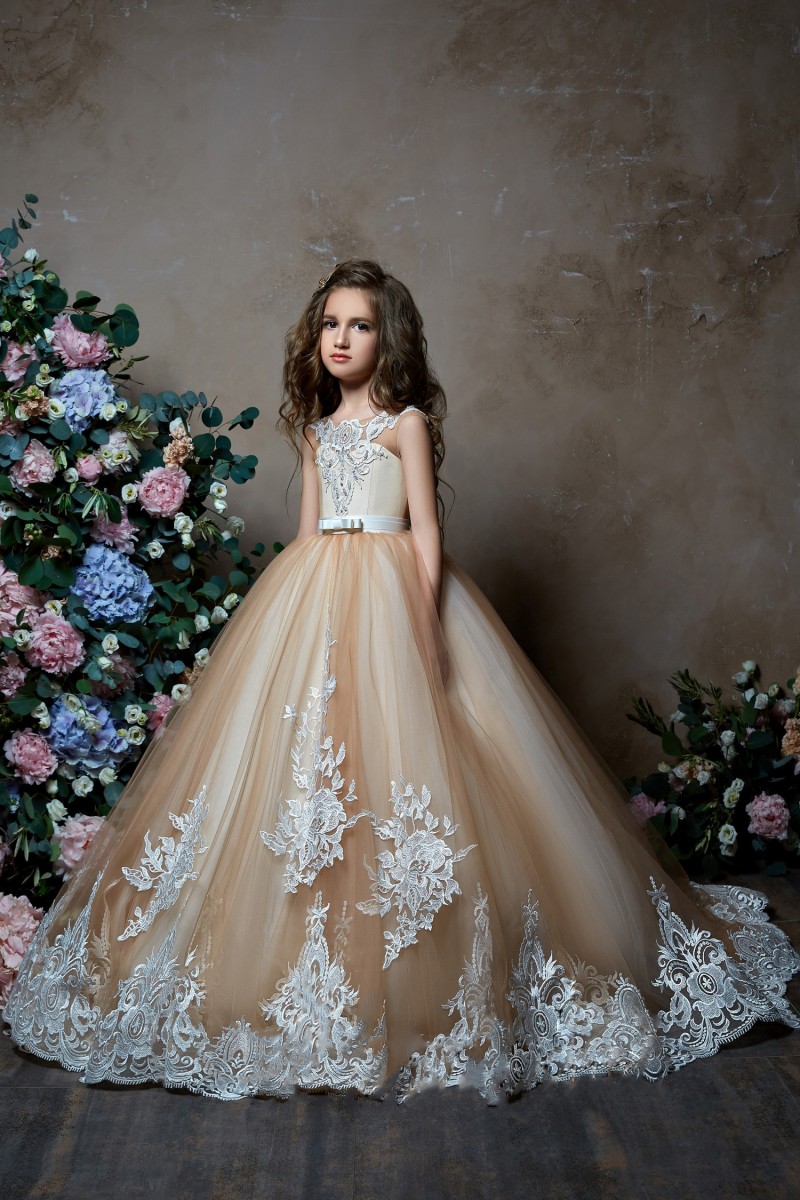 Pentelei 2019 Champagne Flower Girl Dresses For Weddings Lace Appliqued Little Kids Baby Ball Gowns Cheap Long Communion Dress