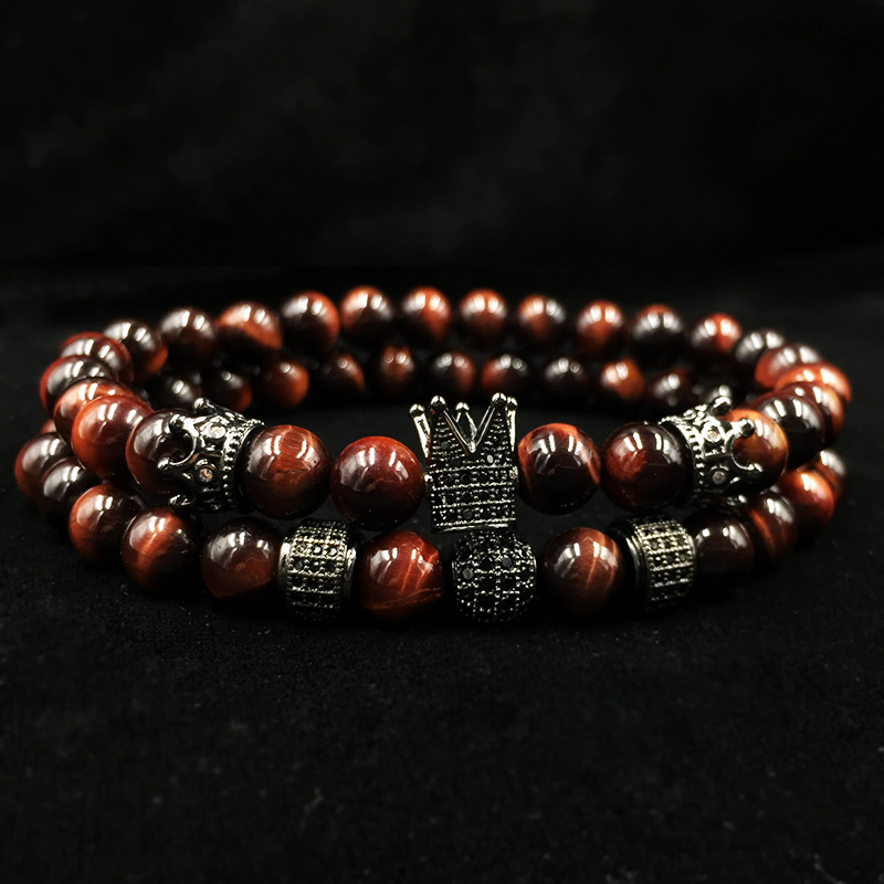 Men's Bracelet 2pcs/ set of Luxury Natural Tiger eye Stone CZ Crown Charm Wrist Strap accessories Gift Valentine's Day Holiday Christmas
