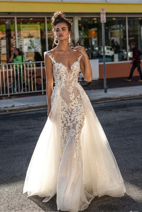 2019 Berta Mermaid Wedding Dresses With Detachable Train Deep V Neck Lace Applique Illusion Backless Country Bridal Dress Plus Size Gowns