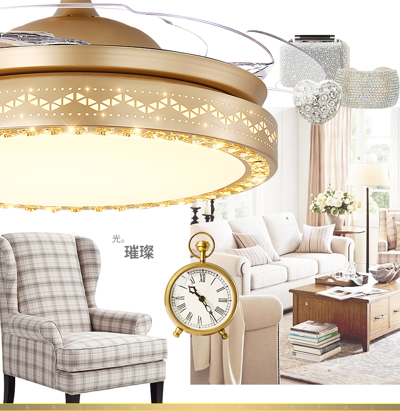LED Ceiling Invisible Fan Lights Timing Remote Control Frequency Conversion Motor Warm White Light Pendant Lamp Remote Control Crystal