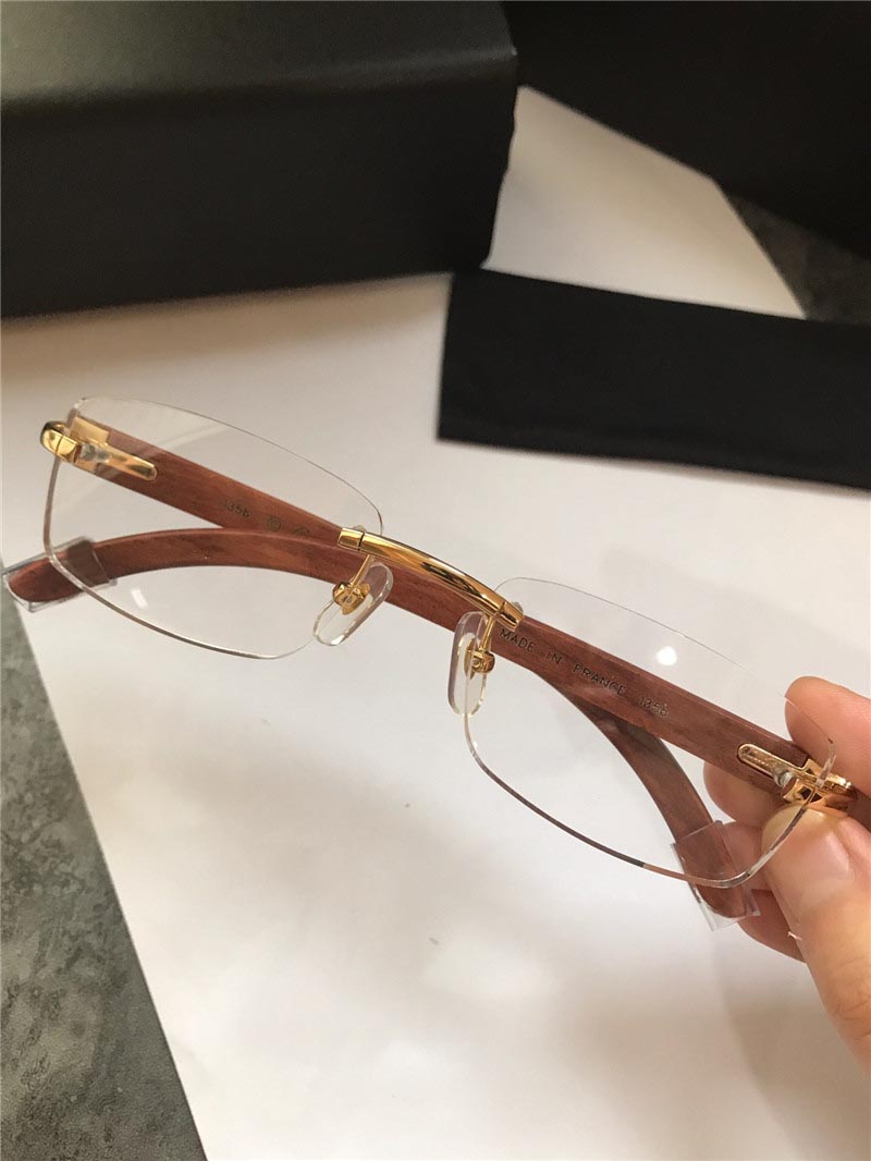 wholesale new fashion design optical frameless glasses retro transparent lens wood legs simple business style top quality