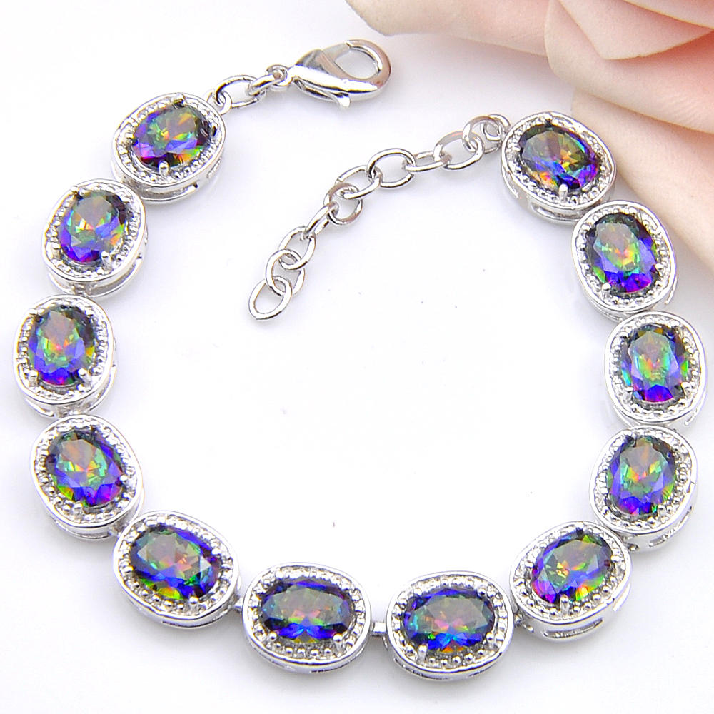 High Quality Oval Shaped Cut Natural Mystic Rainbow Topaz Gemstone Silver Wedding Bangle Bracelets For Women Lovers Bracelets