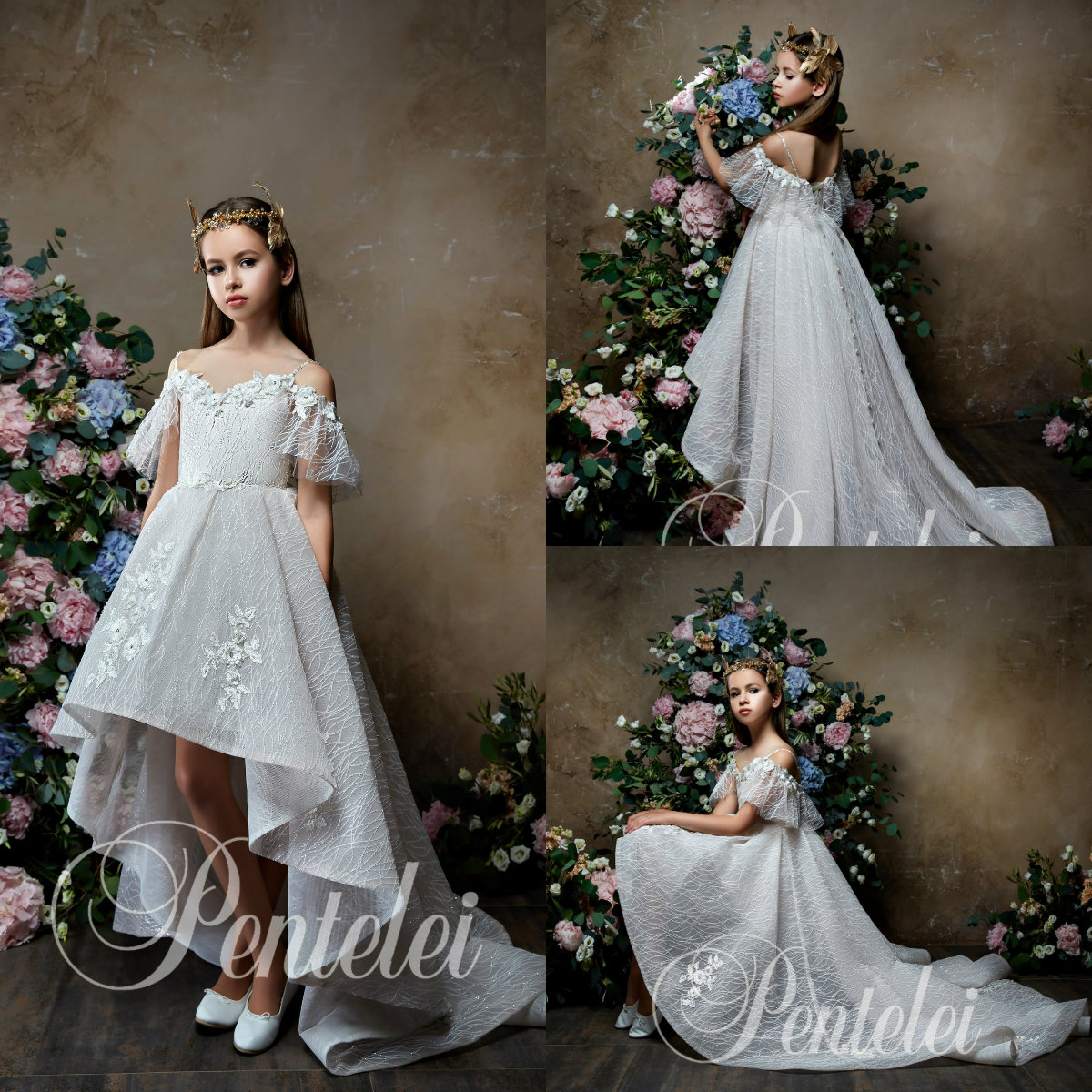 Pentelei 2019 Flower Girl Dresses For Wedding Off The Shoulder 3D Floral Appliques Beaded Pearls High Low Girls Pageant Dress Custom Made