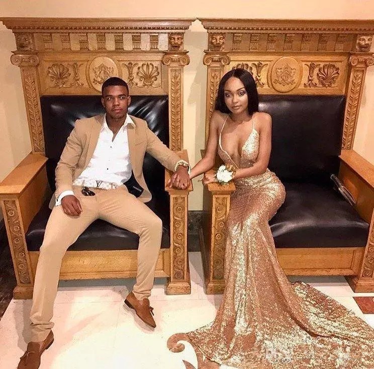 2018 Arabic Gold Sequins Sexy Spaghetti Straps Mermaid Prom Dresses Deep V Neck Sleeveless Backless Party Evening Gowns Vestidos De Novia