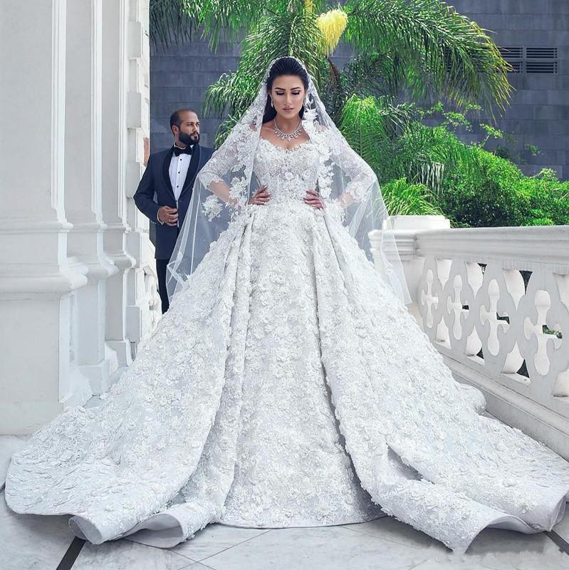 Gorgeous Dubai Ball Gown Wedding Dresses Lace 3D Floral Appliques Beads 3/4 Long Sleeve V Neck Bridal Gowns