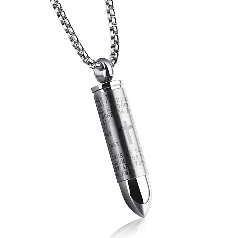 Hip Hop Bullet Cross Scripture Mens Necklace 316L Stainless Steel Pendant Necklace Jewelry Can be Unscrewed