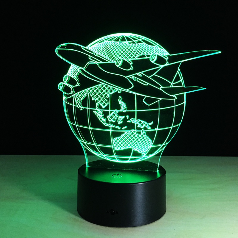Fly The World Earth Globe Airplane 3D LED Lamp Art Sculpture Lights In Colors 3D Optical Illusion Lamp