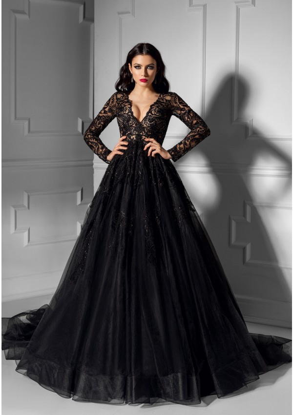 Elegant Black Long Sleeve Evening Dresses V Neck Lace Prom Dress Sweep Train Plus Size Red Carpet Party Gowns Custom