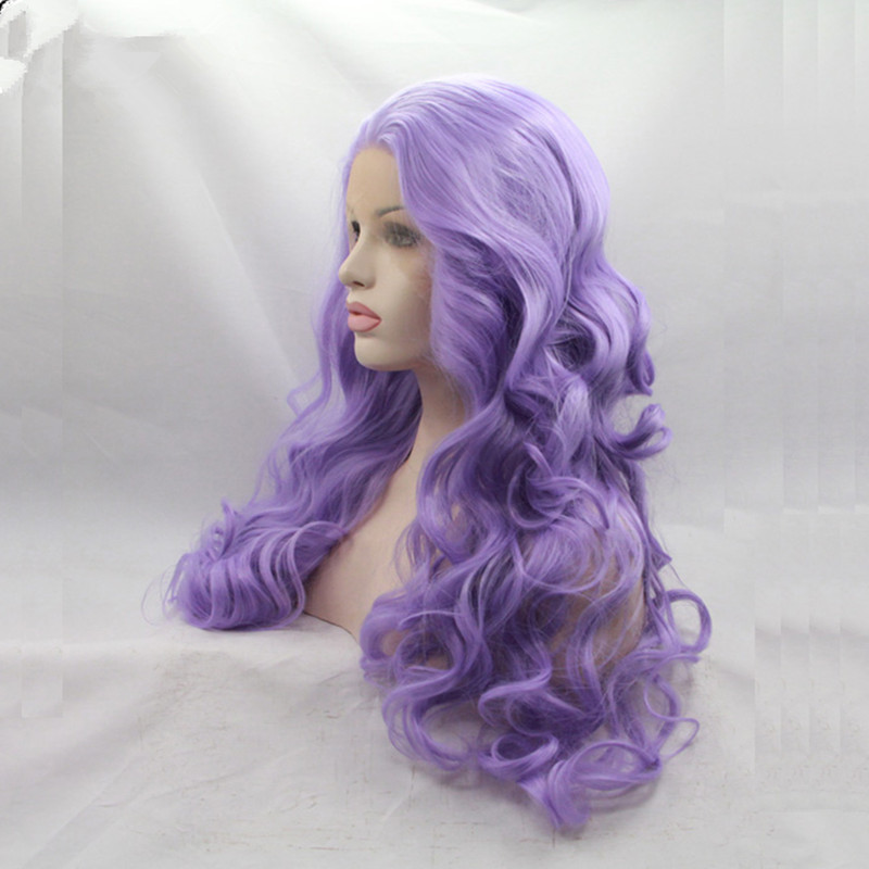 Long Purple Wig Cosplay body wave Pure color Synthetic Heat resistant Light Purple Lace Front Synthetic wigs for women