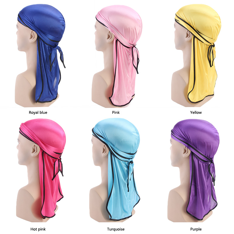 New Men Solid Headwear Headband Pirate Silky Durag do rag Long Tail Headwrap Satin Breathable Bandana Hat Turban Wig Accessories