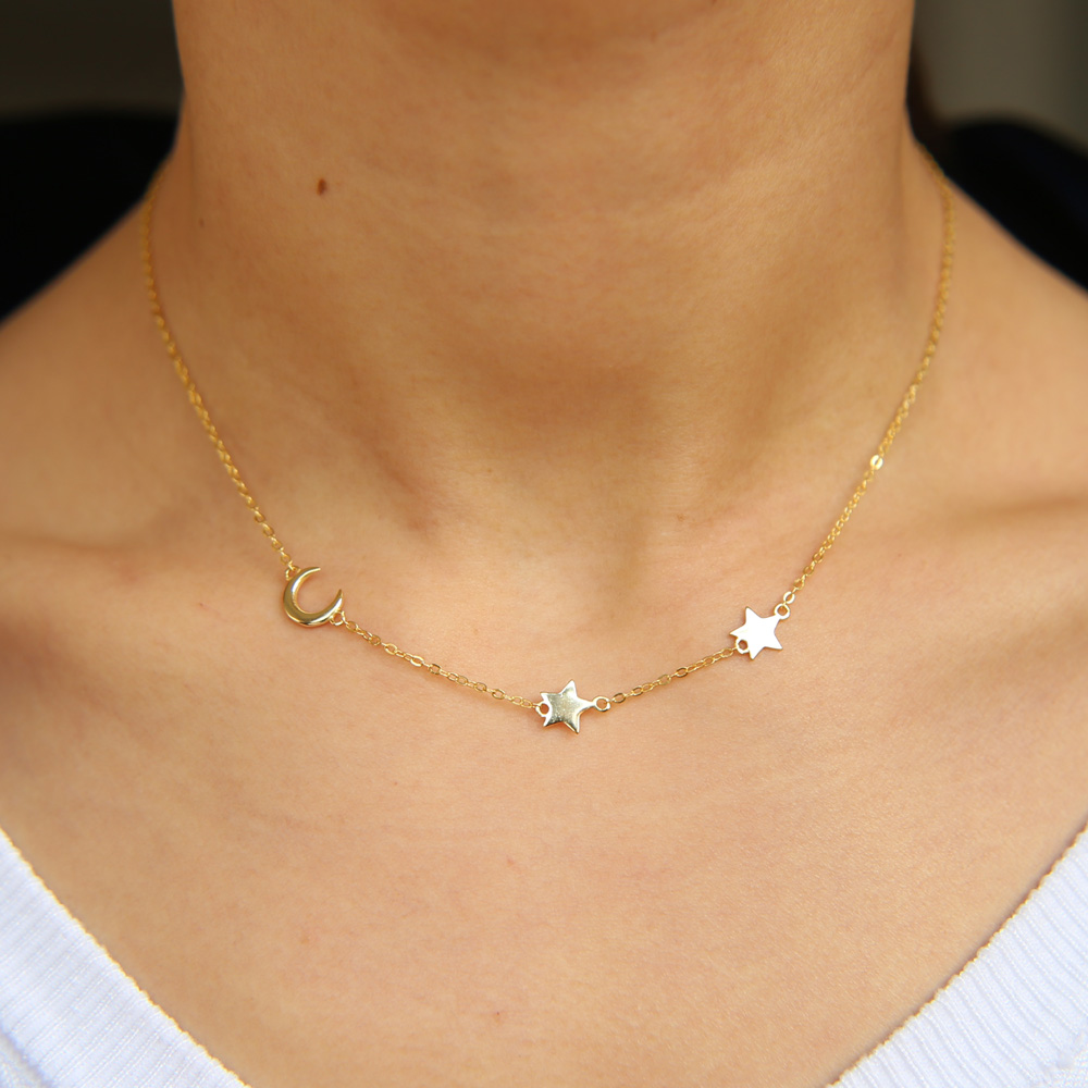 100% 925 sterling silver women chain simple moon star charm design minimal delicate jewelry high polished lovely necklace for christmas gift