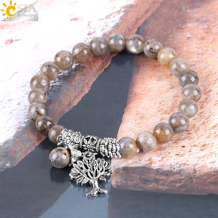CSJA Natural Labradorite Spectrolite Women Bracelets Bangles Gemstone Mala Beads Tree of Life Charm Reiki Healing Meditation Jewel