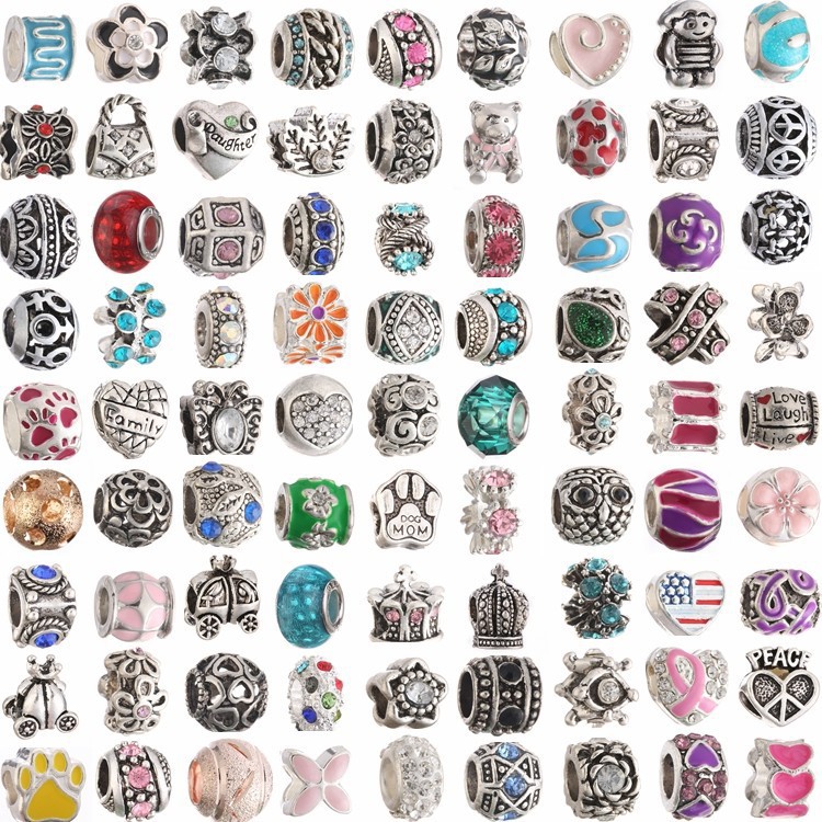 50PCS Mixed Styles Wholesale Multicolor Crystal Alloy Beads Charms DIY Jewelry European Bracelets Bangles Women Girls Gifts B006