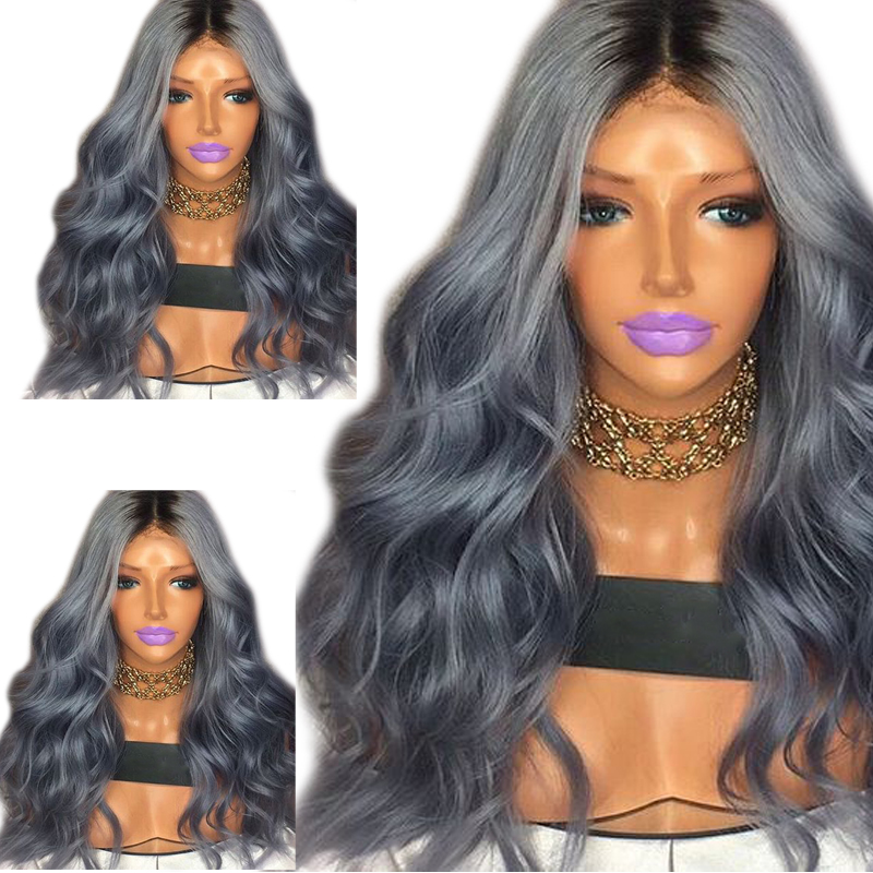 180% Density Body Wave Ombre Wig High Temprature Hair Lace Front Wig With Dark Roots grey Wigs For Women