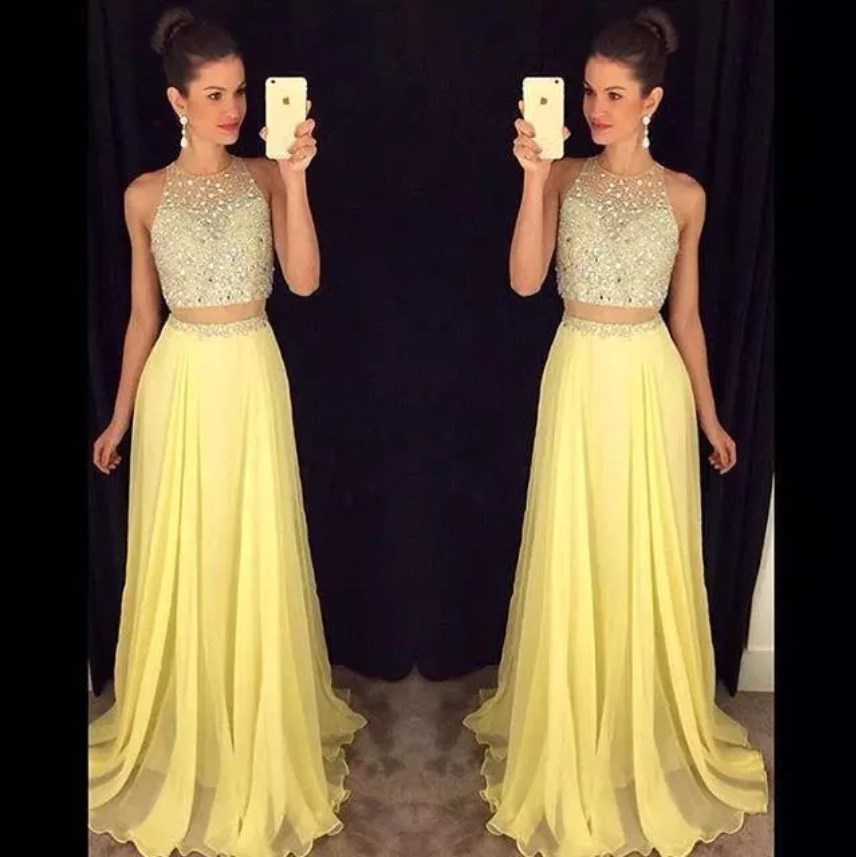 Coral Prom Dresses Two Pieces Sheer Crew Neck Beaded Crystals Backless Evening Gowns Chiffon Long Party Dress Customized