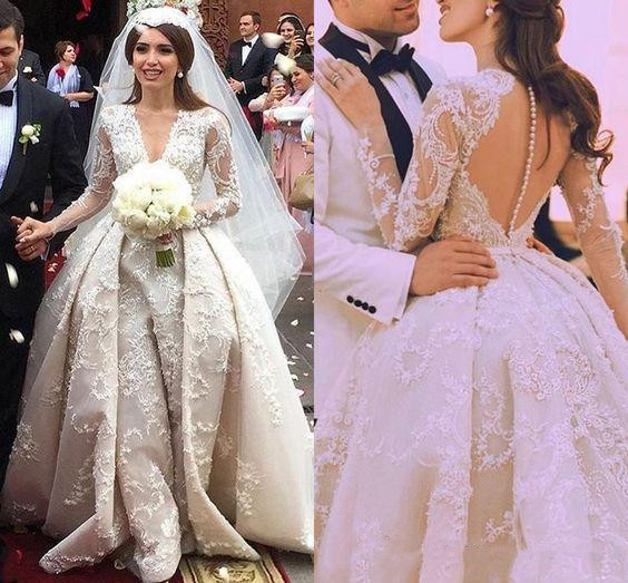 with Ball Dresses Long Sleeves Sexy Sheer V Neck Beaded Cathedral Train Bridal Gowns Lace Appliques Wedding Gown