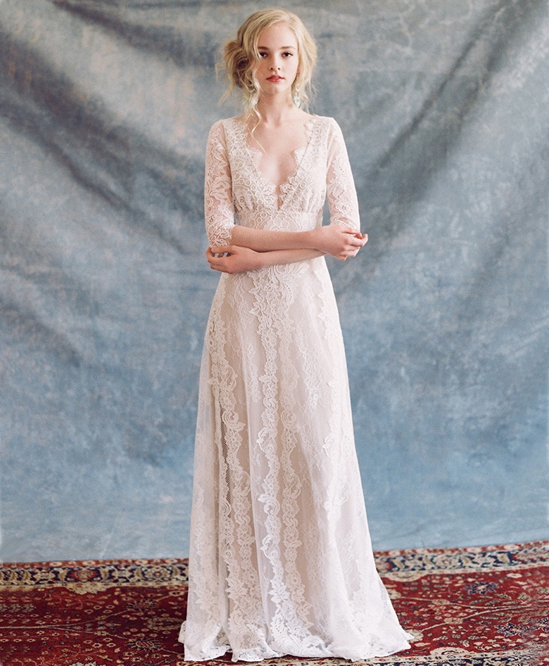 Beige Lace Wedding Dress Bohemian Style Illusion Sheer Neck Lace Bridal Gowns Three Quarter Sleeves Zipper Back Sweep Train, Champagne
Beige Lace Wedding Dress Bohemian Style Illusion Sheer Neck Lace Bridal Gowns Three Quarter Sleeves Zipper Back Sweep Train, Champagne