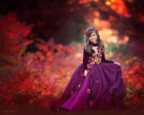 Purple Flower Girl Dresses With 3D Flower High Neck Long Sleeve Cute Girls Pageant Dress A Line Kids Formal Wear For Small Girl