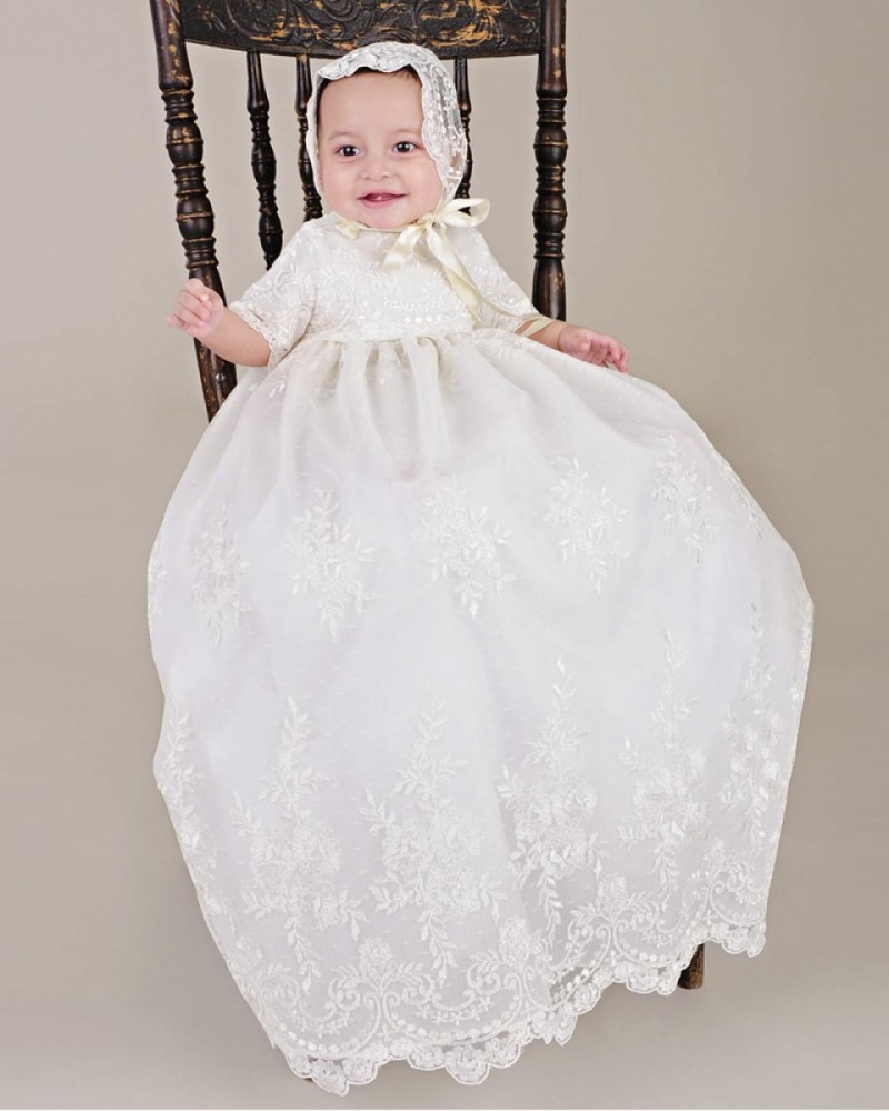 Cute Two Pieces Christening Dresses For Baby Girls Half Sleeve Lace Appliques Long Baptism Dress First Communication Gowns with Hats