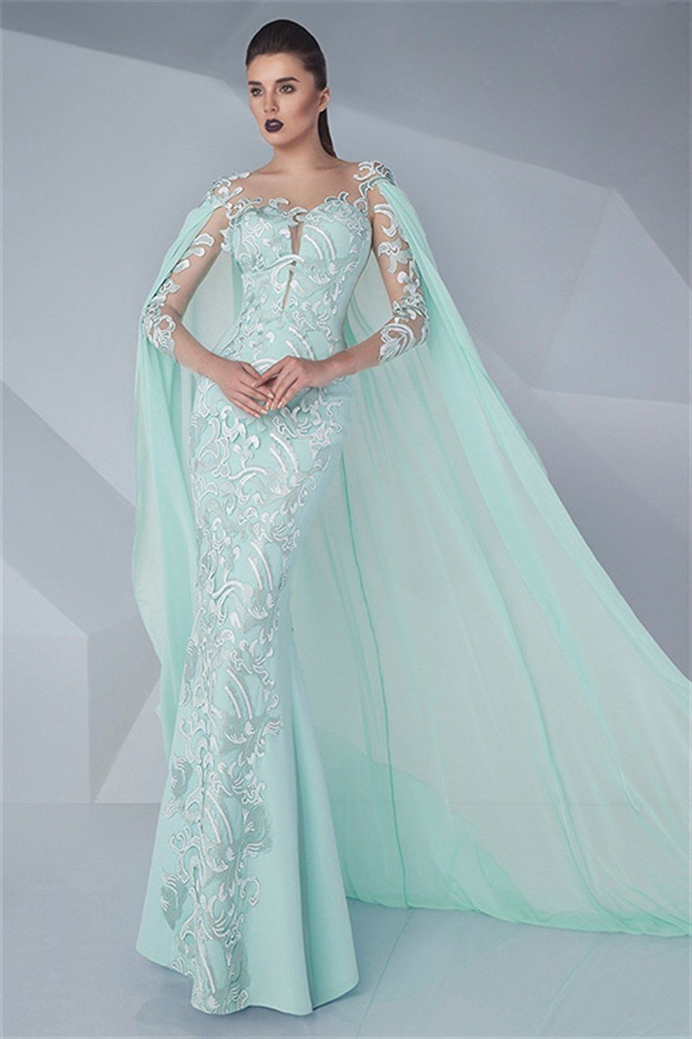 Mint Green Mermaid Prom Dresses With Wraps 3/4 Long Sleeves Lace Appliqued Floor Length Formal Party Evening Gowns