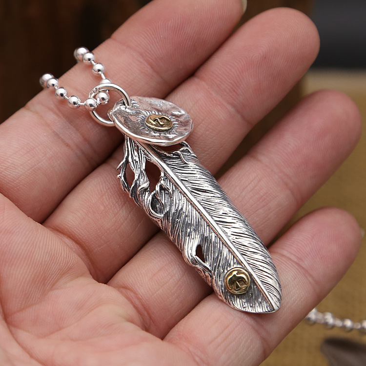 Brand new 925 sterling silver vintage jewelry antique silver hand-made designer feather necklace pendants no chain men women