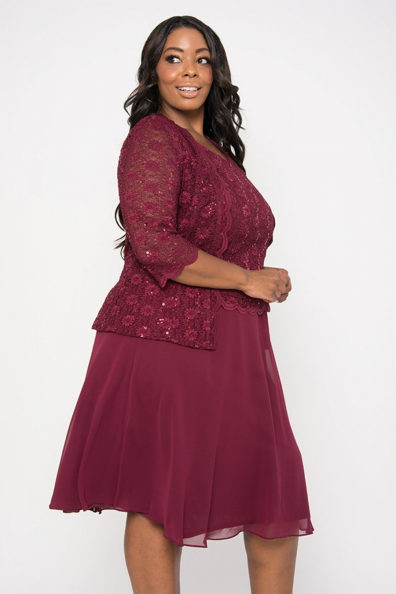 Plus Size Mother of the Bride Dresses Lace Appliques Sequined Knee Length Prom Dresses Formal Evening Gowns With 3/4 Long Sleeve Jackets