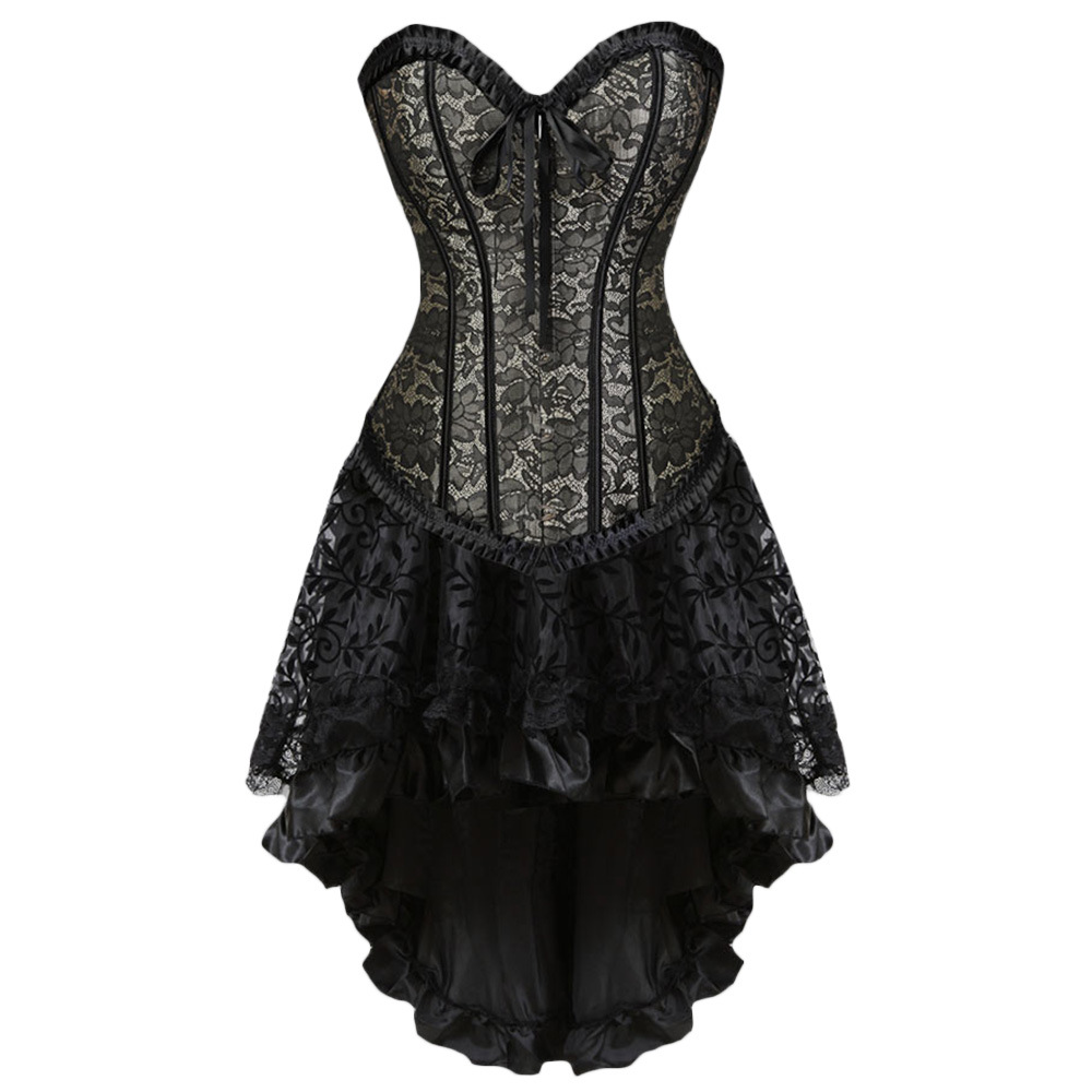 Gothic Floral Lace Up Corset Dress Showgirl Clubwear Lingerie Costume Burlesque Corset And Skirt Set Exotic W