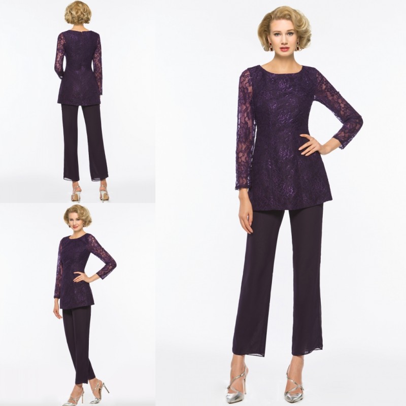 Purple Mother Of The Bride Pant Suits For Weddings Two Pieces Lace Appliqued Long Sleeve Mothers Formal Wear Outfit Cheap Garment