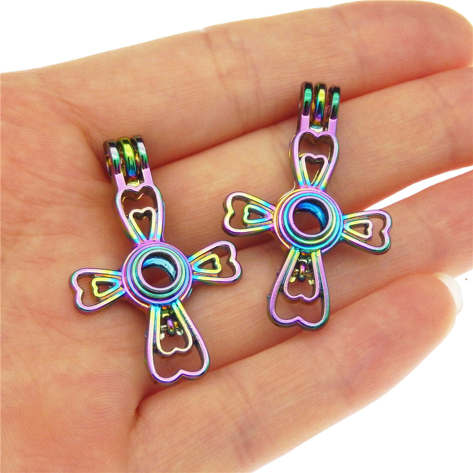 10pcs Rainbow Color Cross Flower Pearl Cage Beads Cage Locket Pendant Essential Oil Diffuser DIY Jewelry Locket For Oyster Pearl