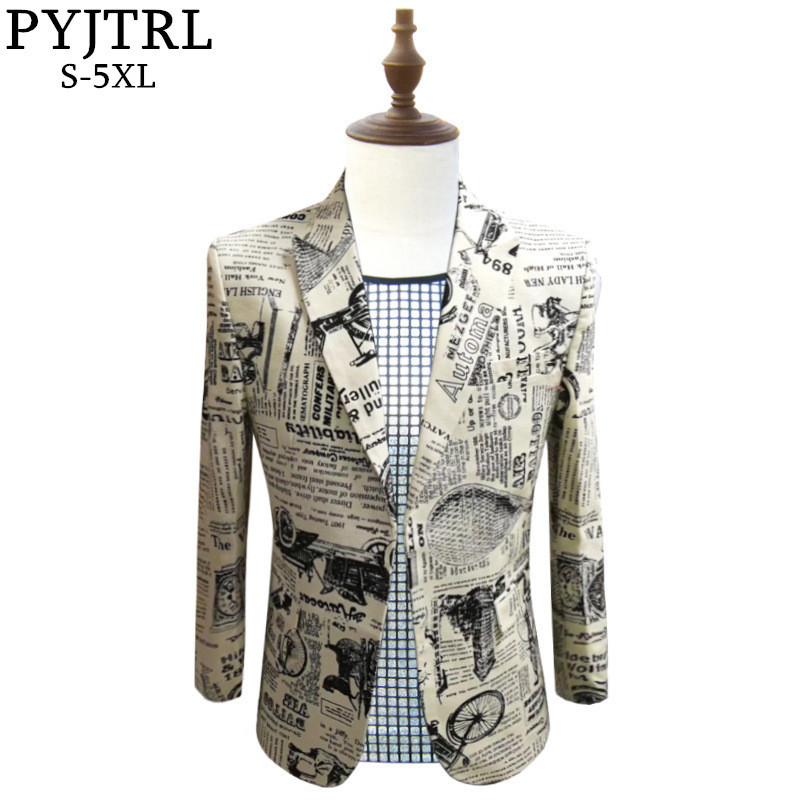 PYJTRL Retro Vintage Newspaper Print Casual Blazer Hombre Men DJ Singer Night Club Slim Fit Suit Jacket Prom Party Costume
PYJTRL Retro Vintage Newspaper Print Casual Blazer Hombre Men DJ Singer Night Club Slim Fit Suit Jacket Prom Party Costume