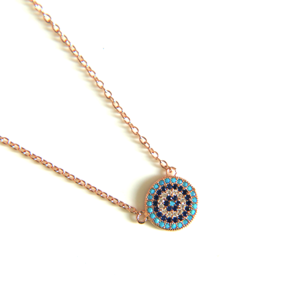 100% 925 sterling silver classic necklace round disk micro pave colorful cz turquoise evil eye charm lucky girl gift chain
