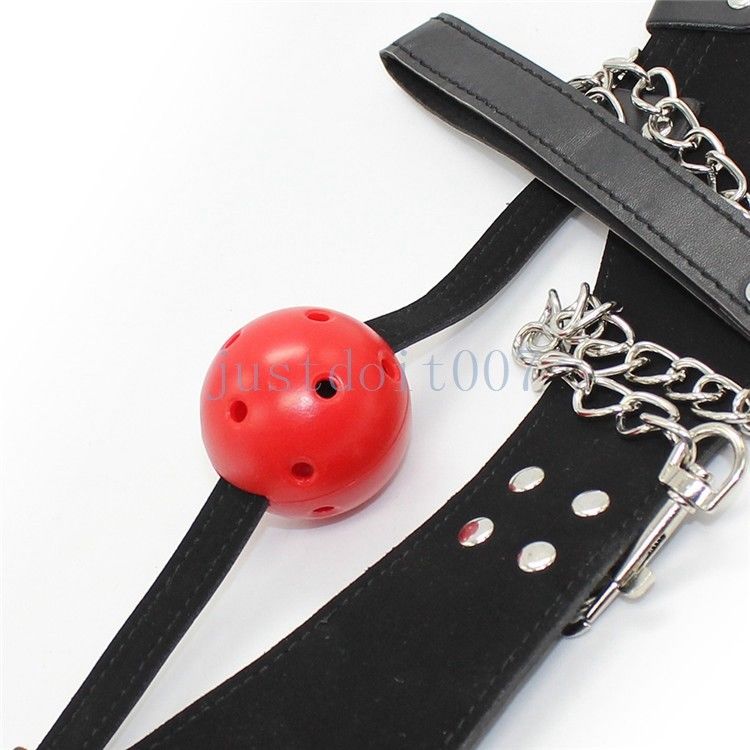Bondage Neck Collar Choker Mouth Gag w/ Leash Chain Restraint Sexy Slave Buckled Leather #R45
