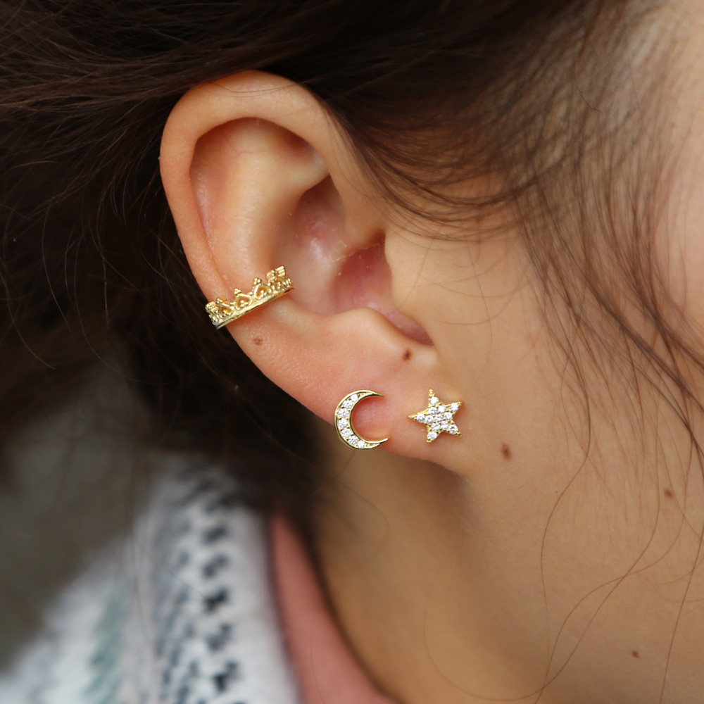 vermeil 925 sterling silver tiny cute moon star stud earring for girl christmas gift Sweet crwon ear cuff dainty jewelry