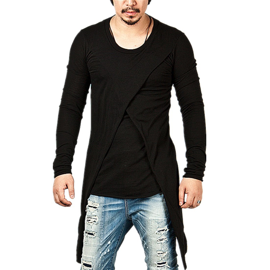 Funny Mens T Shirts Fashion Irregular Shirt Patchwork T-shirt Unique Hip Hop Long Sleeve T Shirt Men, Black