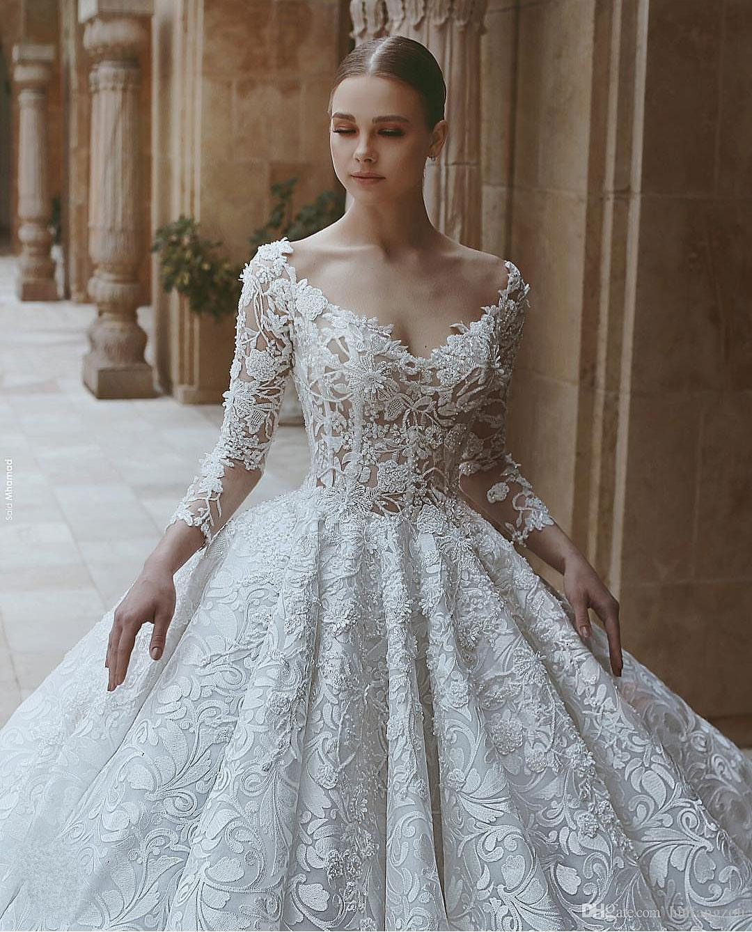 luxury saudi arabic wedding dresses long sleeves scoop v neck dubai crystal beaded lace bridal gowns vestido de novia