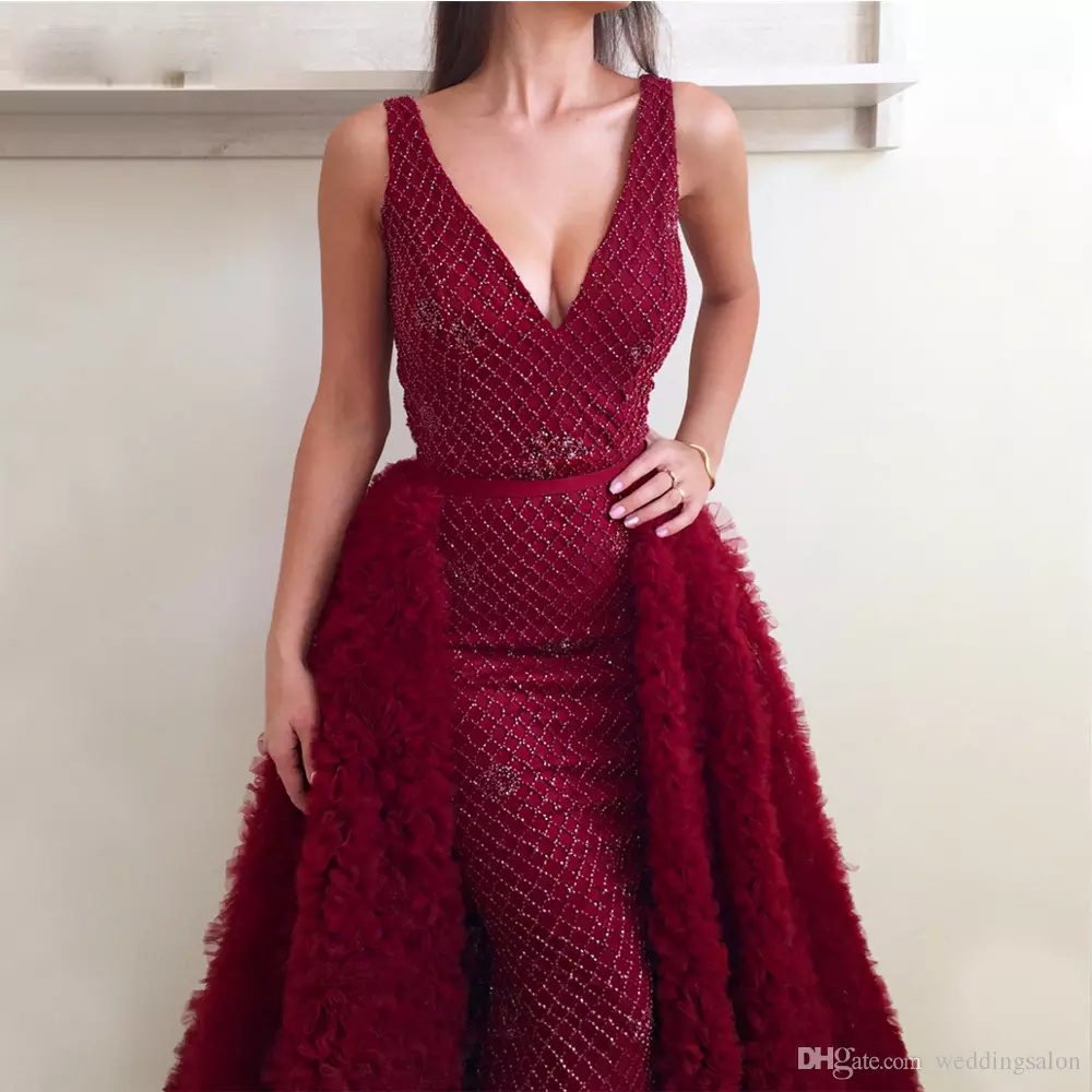 Red Prom Dresses With Detachable Skirt Deep V Neck Beads Sweep Train Sleeveless Dubai Evening Party Wear Elie Saab Formal Dress