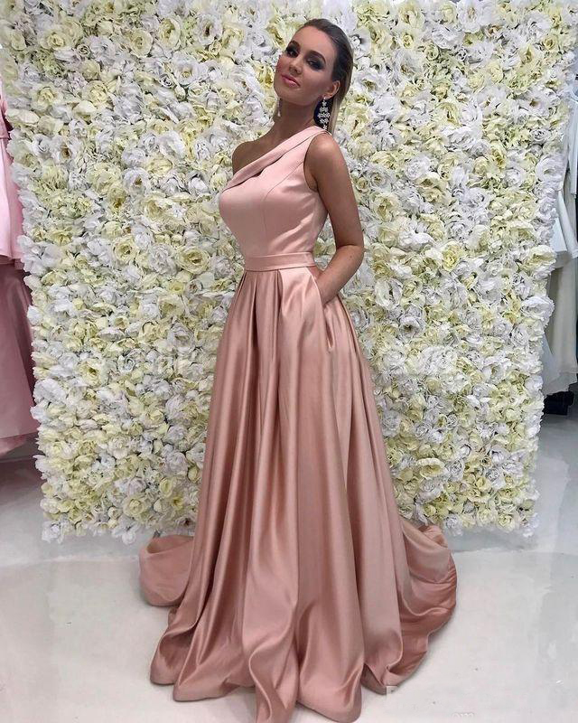 Rose Gold Long Prom Dress 2018 Elegant One Shoulder Sleeveless A Line Floor Length Satin Evening Dresses Bridesmaid Formal Gown With Pockets